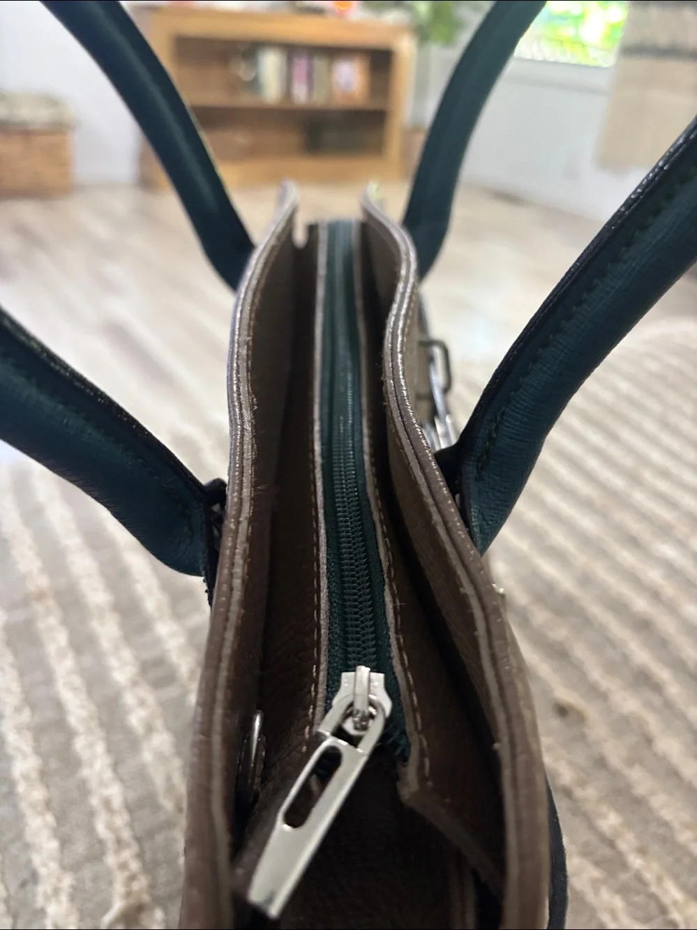 Vera Pelle Leather Satchel with Lock - Brown‎ & Green purse